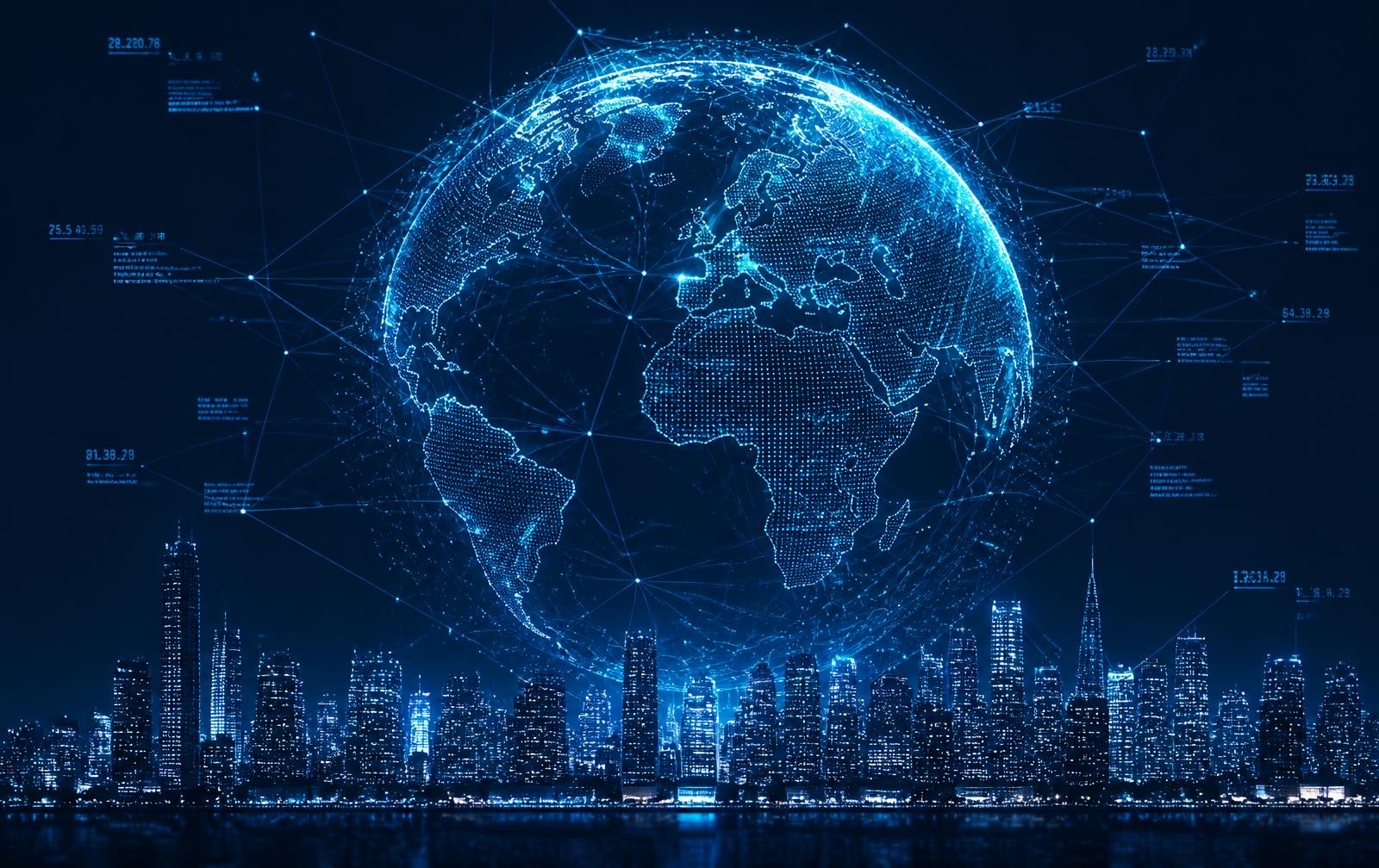 Digital globe of connected data networks above a city skyline
